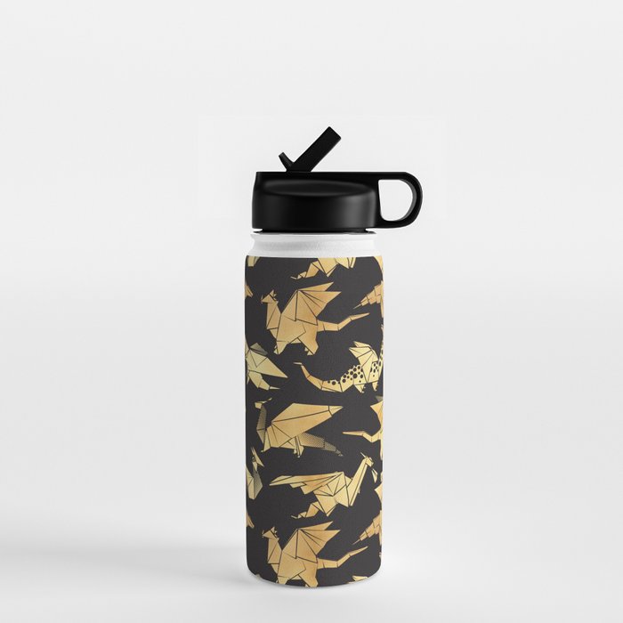 Origami metallic dragon friends // black background golden fantasy animals Water Bottle Gallery Image 1