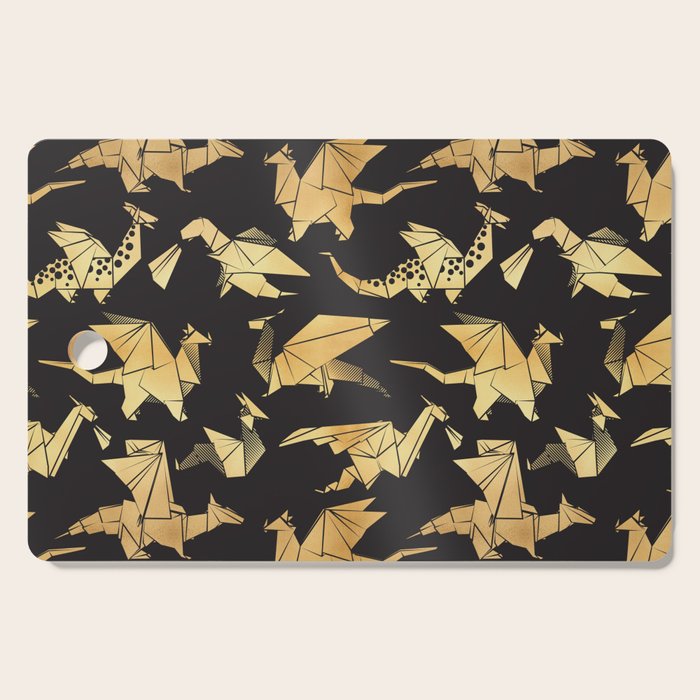 Origami metallic dragon friends // black background golden fantasy animals Cutting Board Gallery Image 1