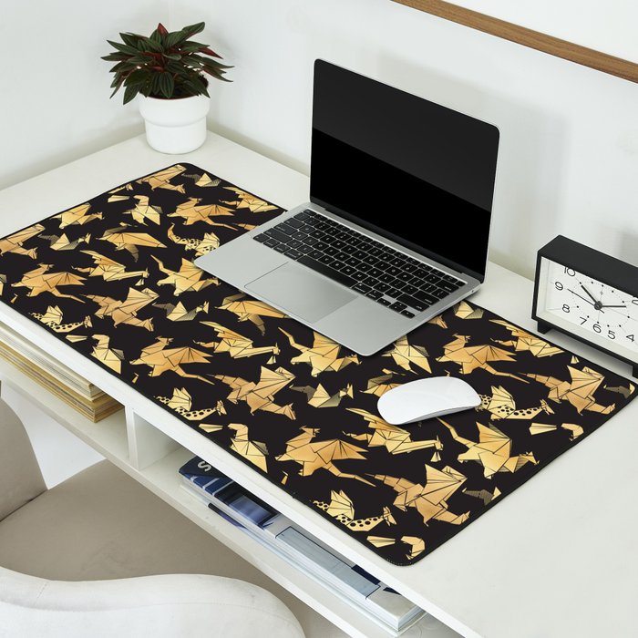 Origami metallic dragon friends // black background golden fantasy animals Desk Mat Gallery Image 2