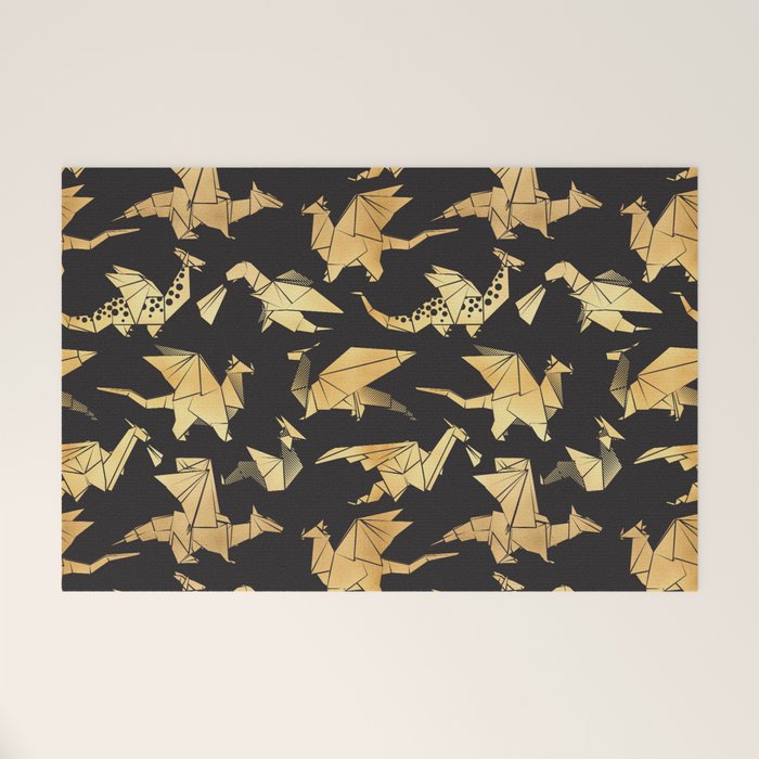 Origami metallic dragon friends // black background golden fantasy animals Welcome Mat Gallery Image 1