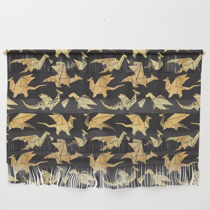 Origami metallic dragon friends // black background golden fantasy animals Wall Hanging Gallery Image 1
