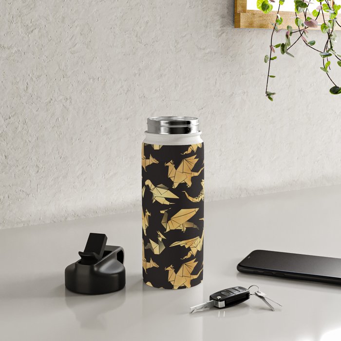Origami metallic dragon friends // black background golden fantasy animals Water Bottle Gallery Image 4