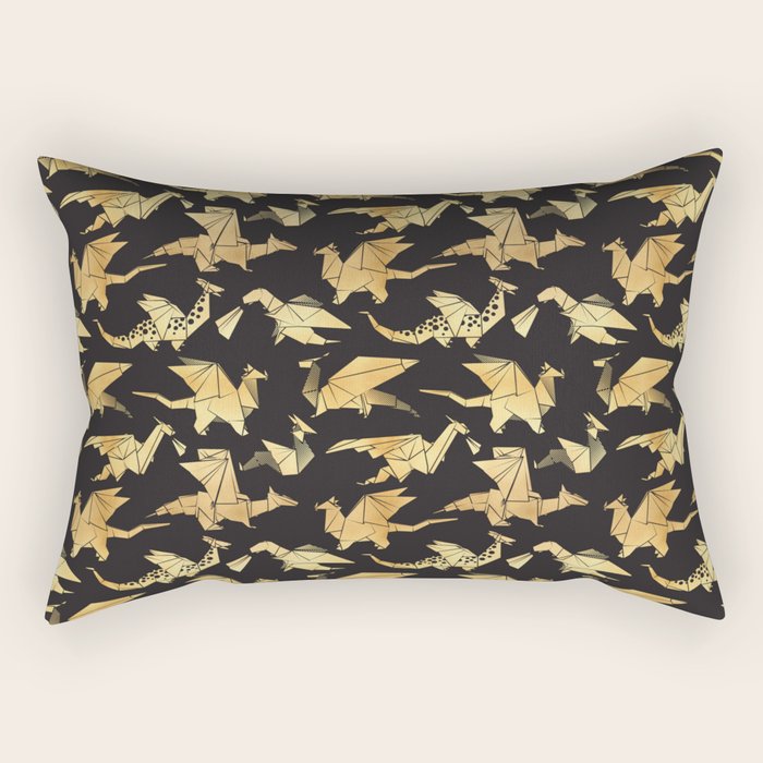 Origami metallic dragon friends // black background golden fantasy animals Rectangular Pillow Gallery Image 1
