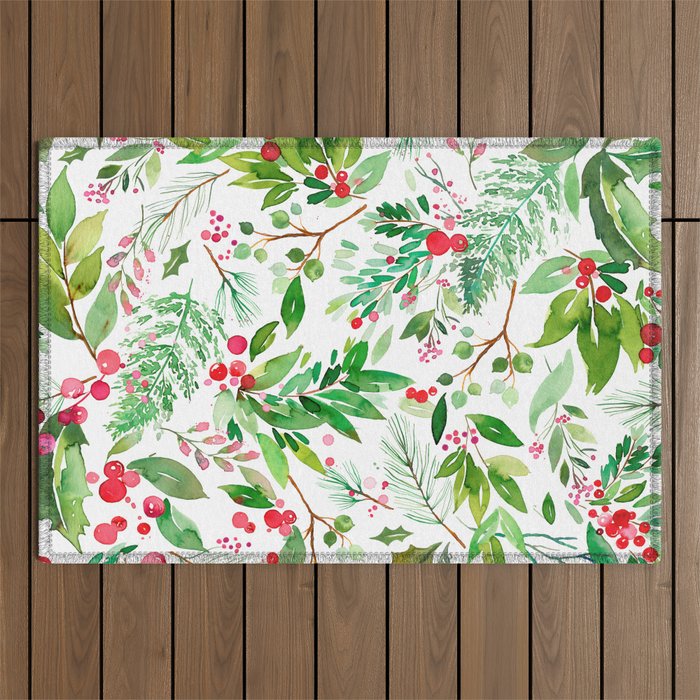 Holiday Christmas Winter Nature Botanical Leaves Green Outdoor Rug Gallery Image 1