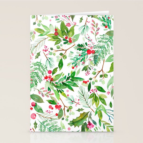 Holiday Christmas Winter Nature Botanical Leaves Green Stationery Card Gallery Image 1