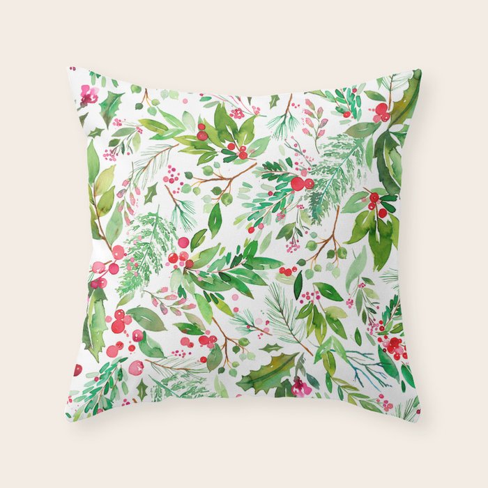 Holiday Christmas Winter Nature Botanical Leaves Green Throw Pillow Gallery Image 6