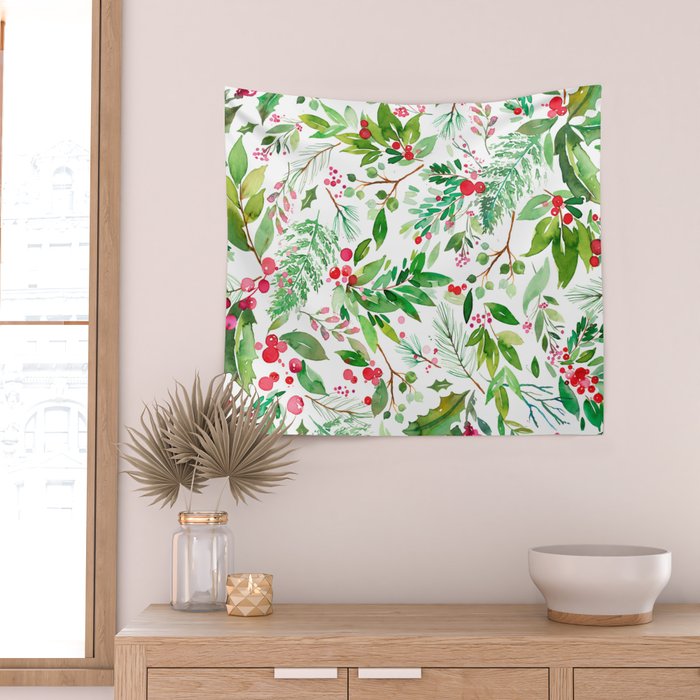Holiday Christmas Winter Nature Botanical Leaves Green Wall Tapestry Gallery Image 2