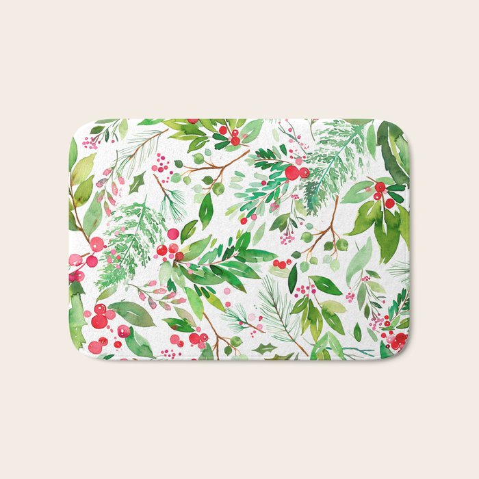Holiday Christmas Winter Nature Botanical Leaves Green Bath Mat Gallery Image 1