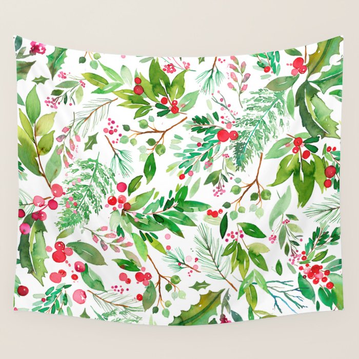 Holiday Christmas Winter Nature Botanical Leaves Green Wall Tapestry Gallery Image 1