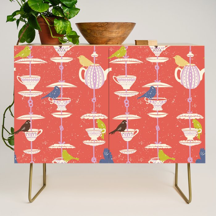 Garden Bird feeding happy red Credenza Gallery Image 1