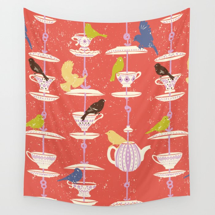 Garden Bird feeding happy red Wall Tapestry Gallery Image 1