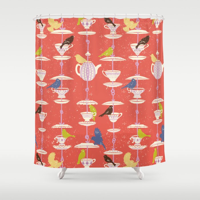 Garden Bird feeding happy red Shower Curtain Gallery Image 1