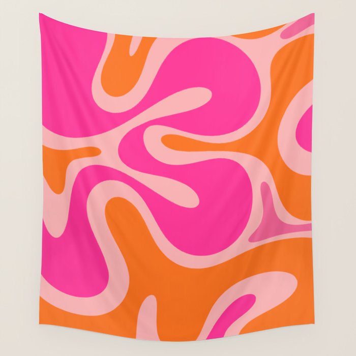 Smooth Contours Retro Modern Abstract Pattern Hot Pink and Orange Wall Tapestry Gallery Image 4