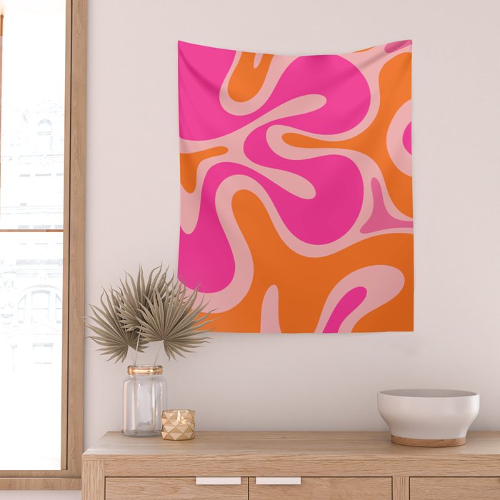 Smooth Contours Retro Modern Abstract Pattern Hot Pink and Orange Wall Tapestry Gallery Image 2