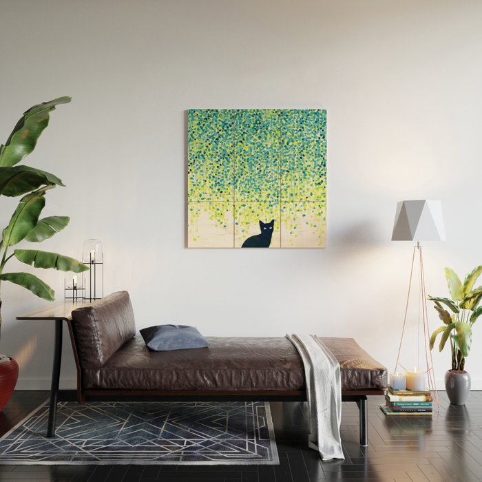 Cat in the garden under willow tree Wood Wall Art Gallery Image 2
