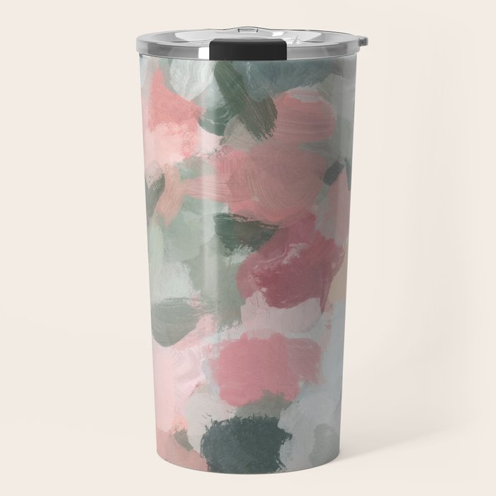 Tropical Winds - Blue Sage Green Coral Pink Flowers in the Abstract Nature Painting Art Print Travel Mug Gallery Image 1
