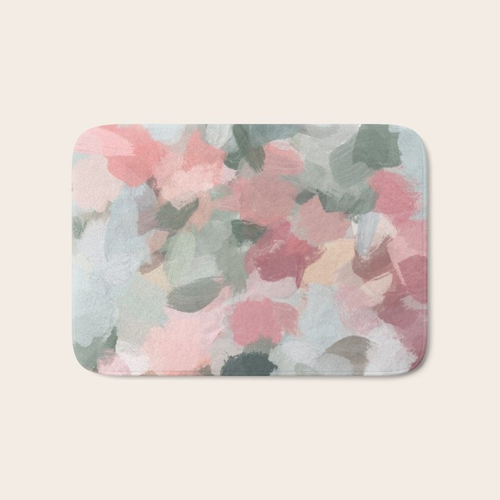 Tropical Winds - Blue Sage Green Coral Pink Flowers in the Abstract Nature Painting Art Print Bath Mat Gallery Image 1
