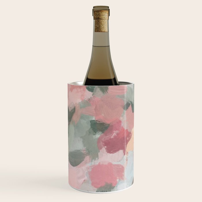 Tropical Winds - Blue Sage Green Coral Pink Flowers in the Abstract Nature Painting Art Print Wine Chiller Gallery Image 1