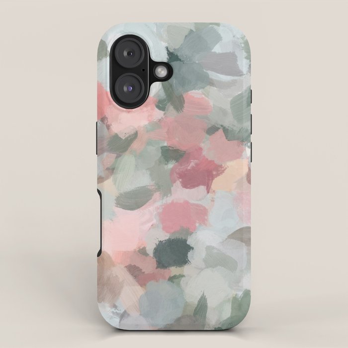 Tropical Winds - Blue Sage Green Coral Pink Flowers in the Abstract Nature Painting Art Print iPhone Case Gallery Image 1