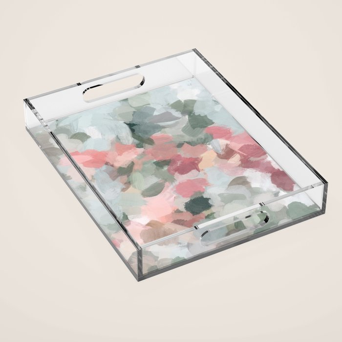 Tropical Winds - Blue Sage Green Coral Pink Flowers in the Abstract Nature Painting Art Print Acrylic Tray Gallery Image 1