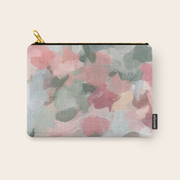 Tropical Winds - Blue Sage Green Coral Pink Flowers in the Abstract Nature Painting Art Print Carry All Pouch Gallery Image 1