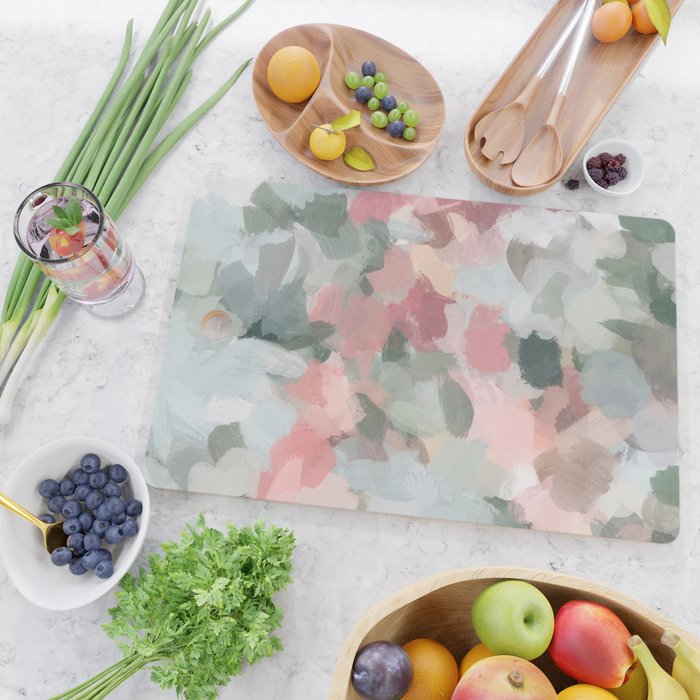 Tropical Winds - Blue Sage Green Coral Pink Flowers in the Abstract Nature Painting Art Print Cutting Board Gallery Image 2