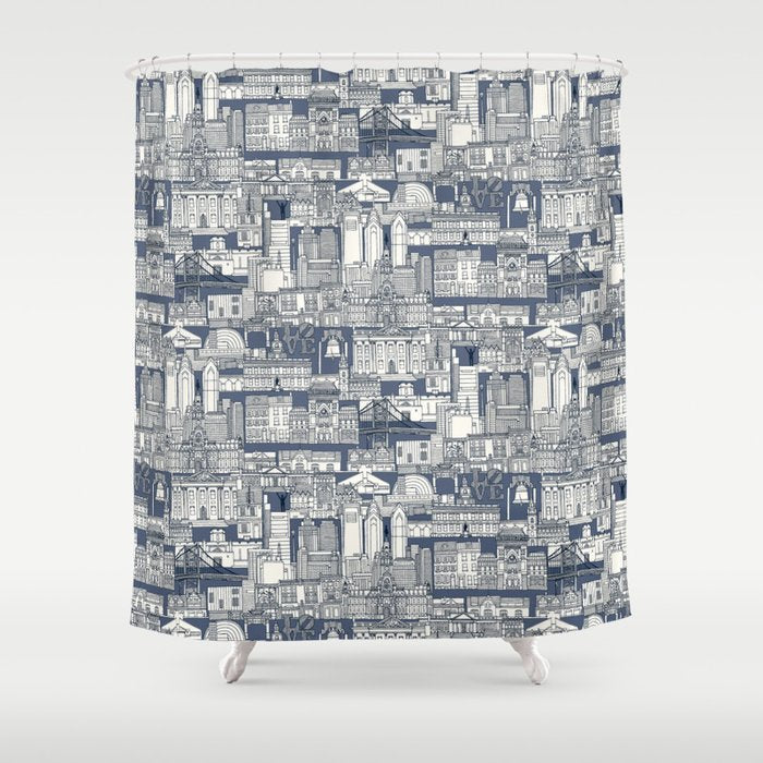 Philadelphia toile blue indigo Shower Curtain Gallery Image 1
