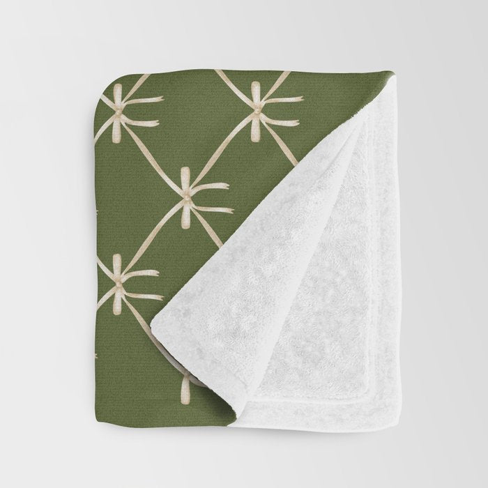 Bows & Ribbons Pattern XXII Dark Olive Green Throw Blanket Gallery Image 3