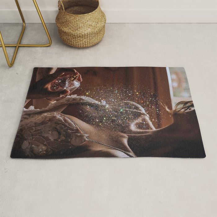 MAGIC IN ACTION | woman | perfume | Parisian | dark | evening | date | aesthetic | vintage | retro  Rug Gallery Image 1
