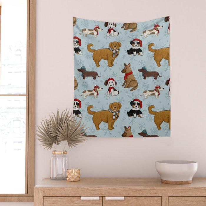 Christmas Puppies, Holiday Dog Print, Cute Puppy Pattern, Winter Pups Wall Tapestry Gallery Image 2