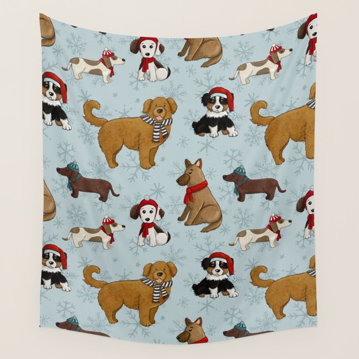 Christmas Puppies, Holiday Dog Print, Cute Puppy Pattern, Winter Pups Wall Tapestry Gallery Image 1