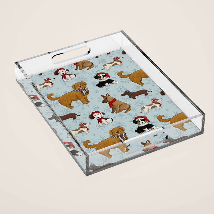 Christmas Puppies, Holiday Dog Print, Cute Puppy Pattern, Winter Pups Acrylic Tray Gallery Image 1