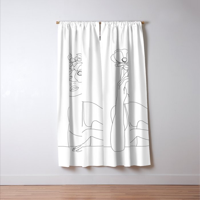 Minimal Line Art Woman with Flowers II Window Curtain Gallery Image 3