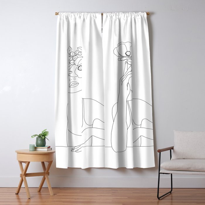 Minimal Line Art Woman with Flowers II Window Curtain Gallery Image 5