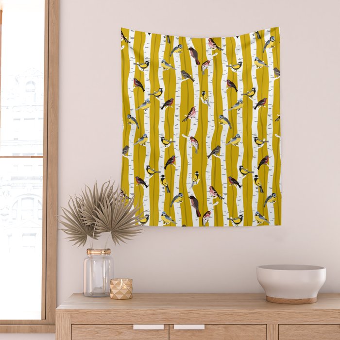 Songbirds sitting in the birchwood Wall Tapestry Gallery Image 2
