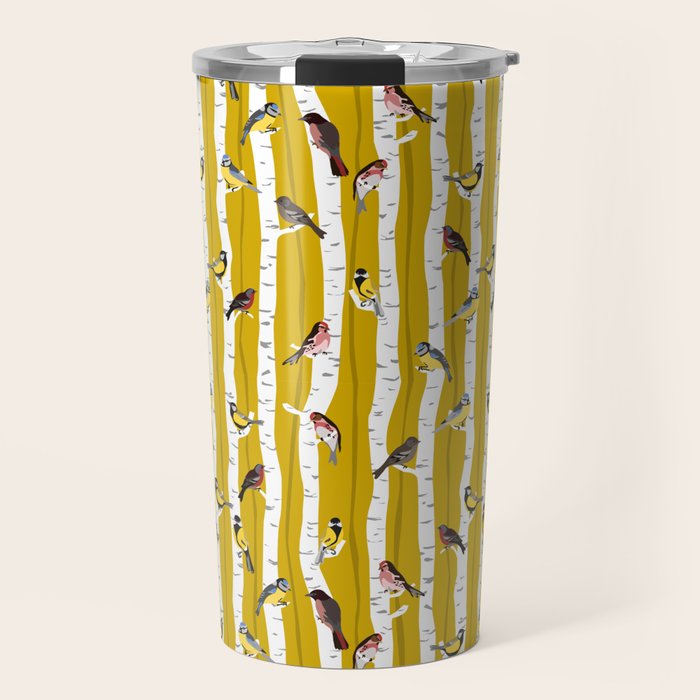 Songbirds sitting in the birchwood Travel Mug Gallery Image 1