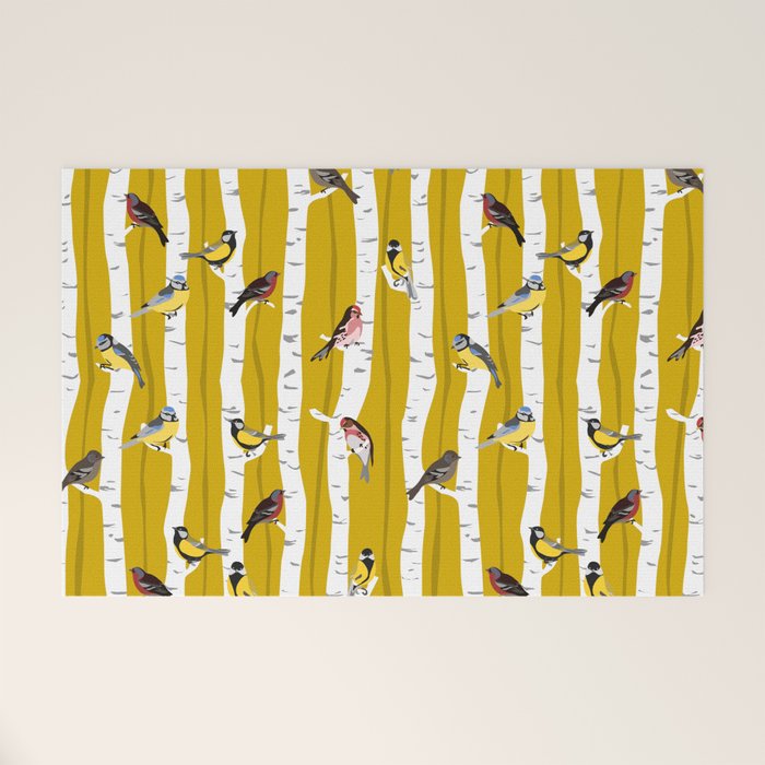 Songbirds sitting in the birchwood Welcome Mat Gallery Image 1