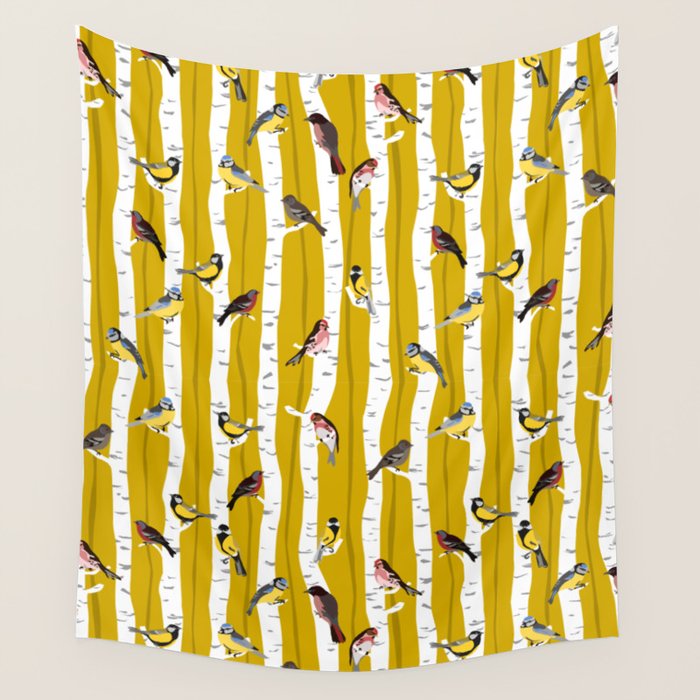 Songbirds sitting in the birchwood Wall Tapestry Gallery Image 4