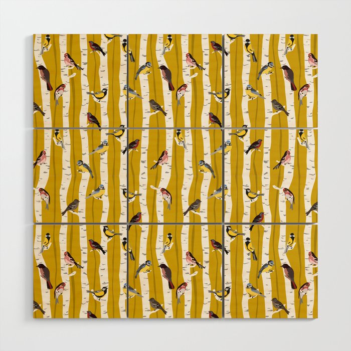 Songbirds sitting in the birchwood Wood Wall Art Gallery Image 1