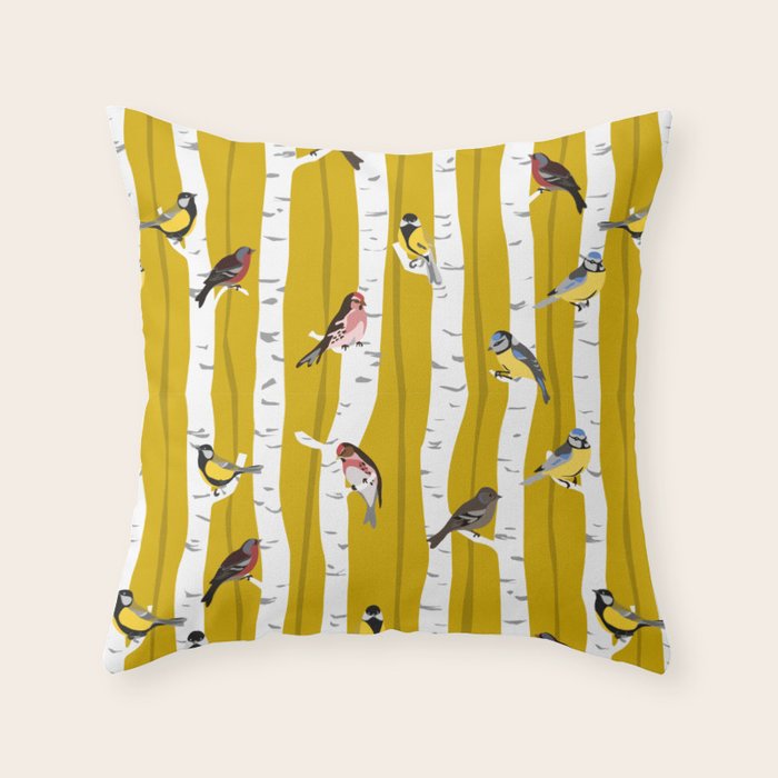 Songbirds sitting in the birchwood Throw Pillow Gallery Image 6