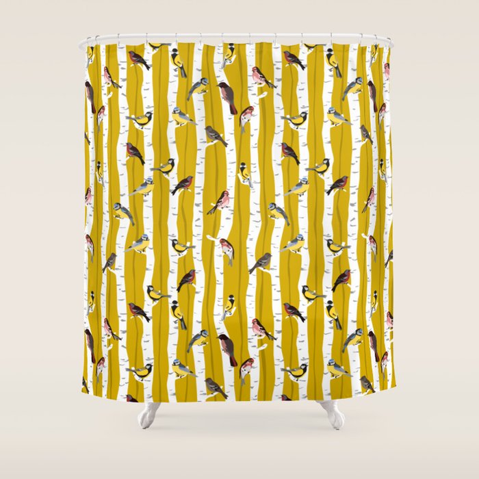 Songbirds sitting in the birchwood Shower Curtain Gallery Image 1