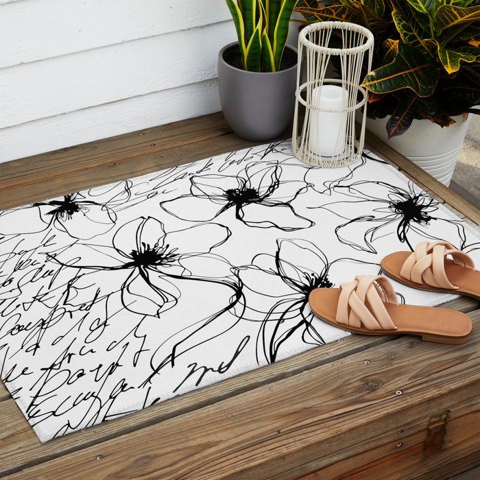 Loose Flower Study Black And White Outdoor Rug Gallery Image 2