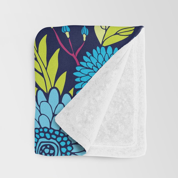 Turquoise Blue, Lime Green, Magenta & Navy Floral Pattern Throw Blanket Gallery Image 3