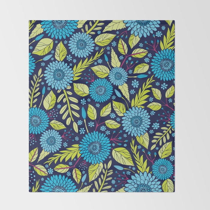 Turquoise Blue, Lime Green, Magenta & Navy Floral Pattern Throw Blanket Gallery Image 2