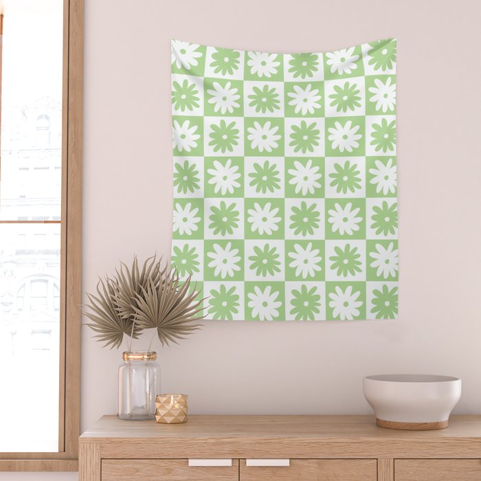 Green And White Checkered Flower Pattern Wall Tapestry Gallery Image 2