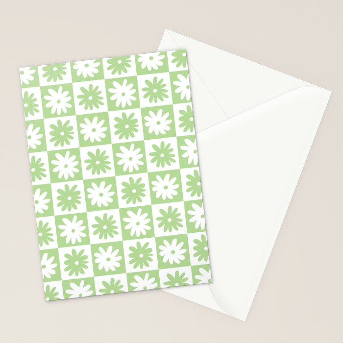 Green And White Checkered Flower Pattern Stationery Card Gallery Image 2