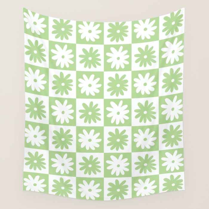 Green And White Checkered Flower Pattern Wall Tapestry Gallery Image 4