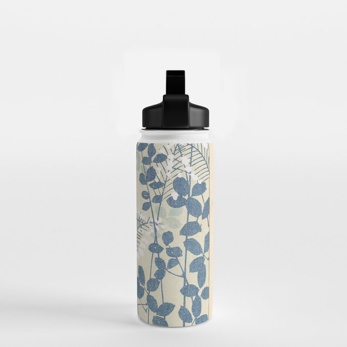 Vintage Japanese Botanical Silhouette in Soft Blue Tones Water Bottle Gallery Image 2
