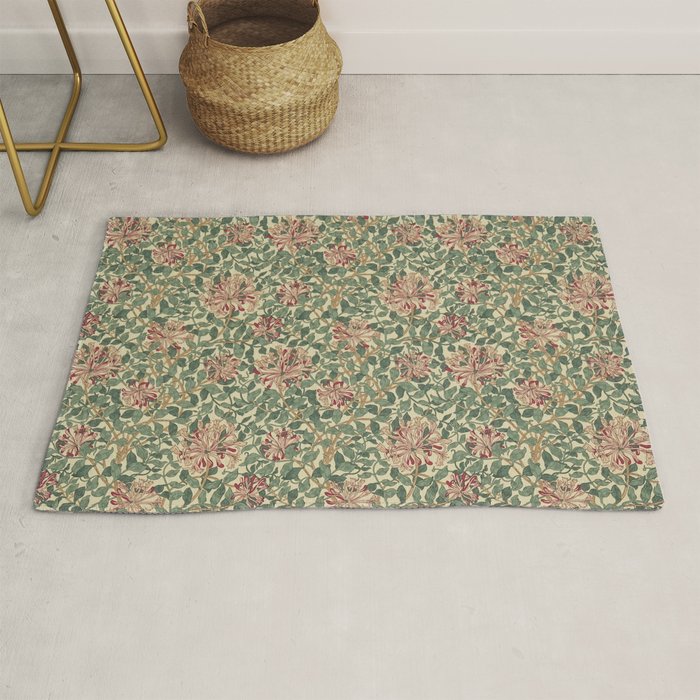 William Morris Vintage Honeysuckle Green Pink Rug Gallery Image 1