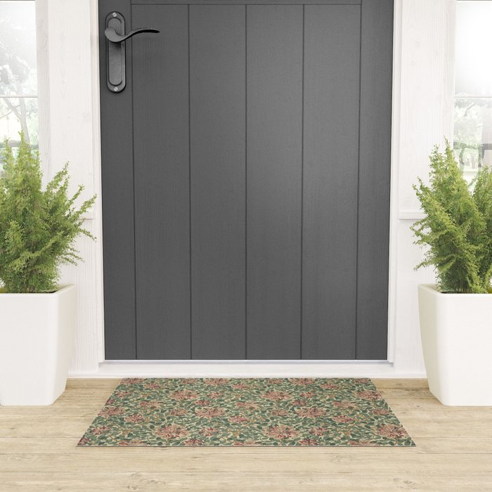 William Morris Vintage Honeysuckle Green Pink Welcome Mat Gallery Image 3